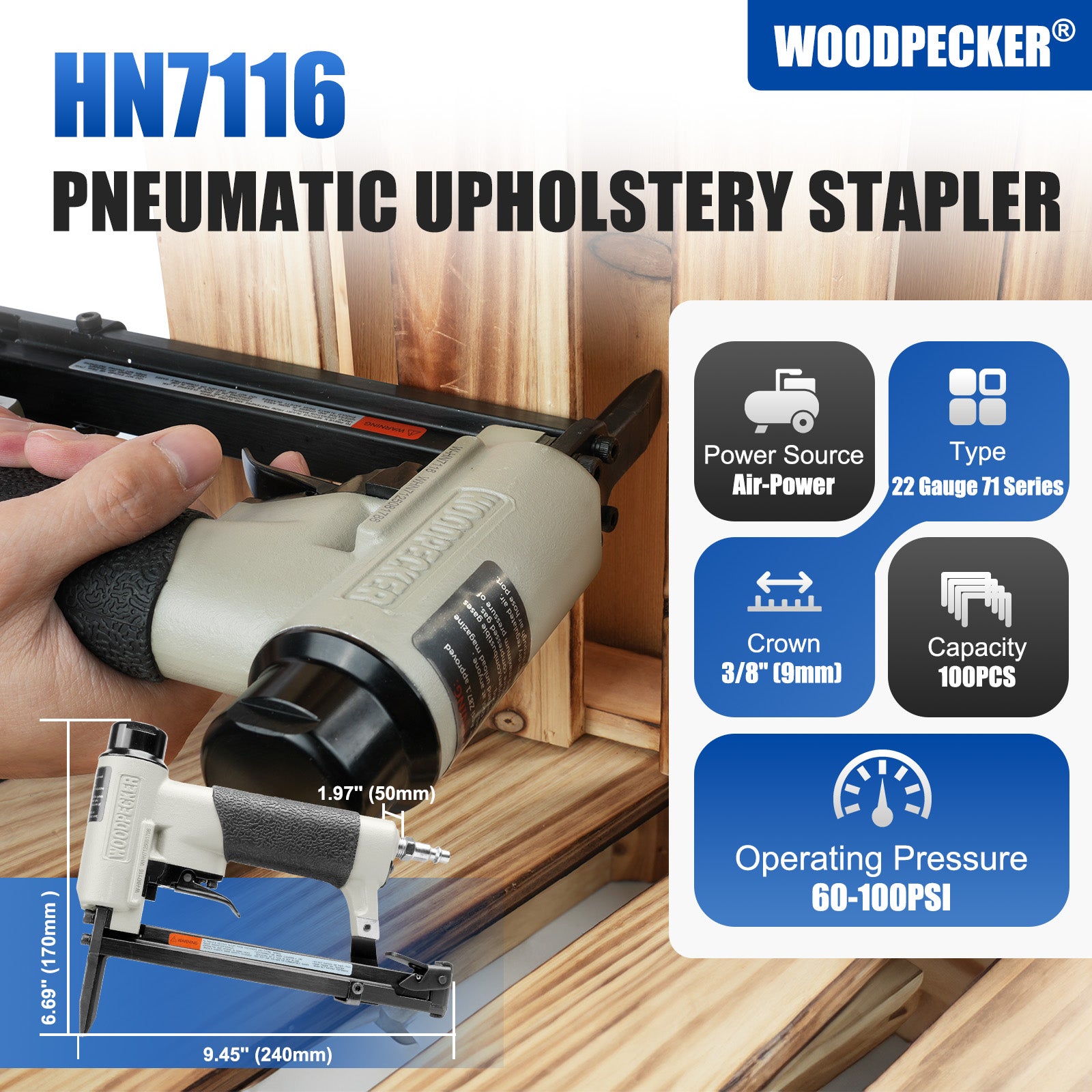 WOODPECKER HN7116 Pneumatic Upholstery Stapler, 22 Guage Type 71, 3/8-Inch Crown
