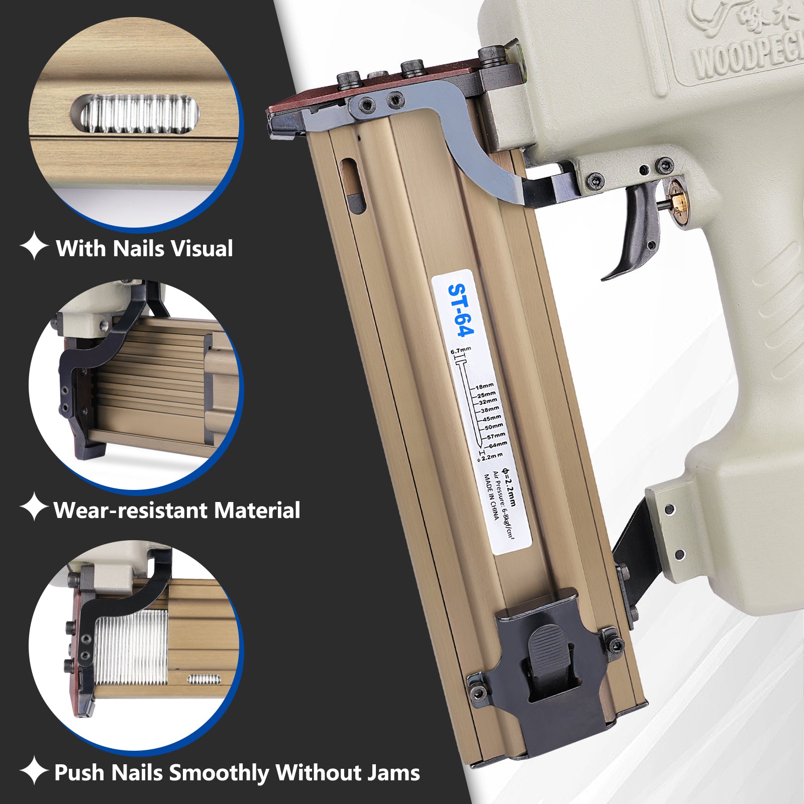 Woodpecker ST64 Pneumatic Concrete T Nailer, 14 Gauge, 1-Inch - 2-1/2-Inch (25mm-64mm)