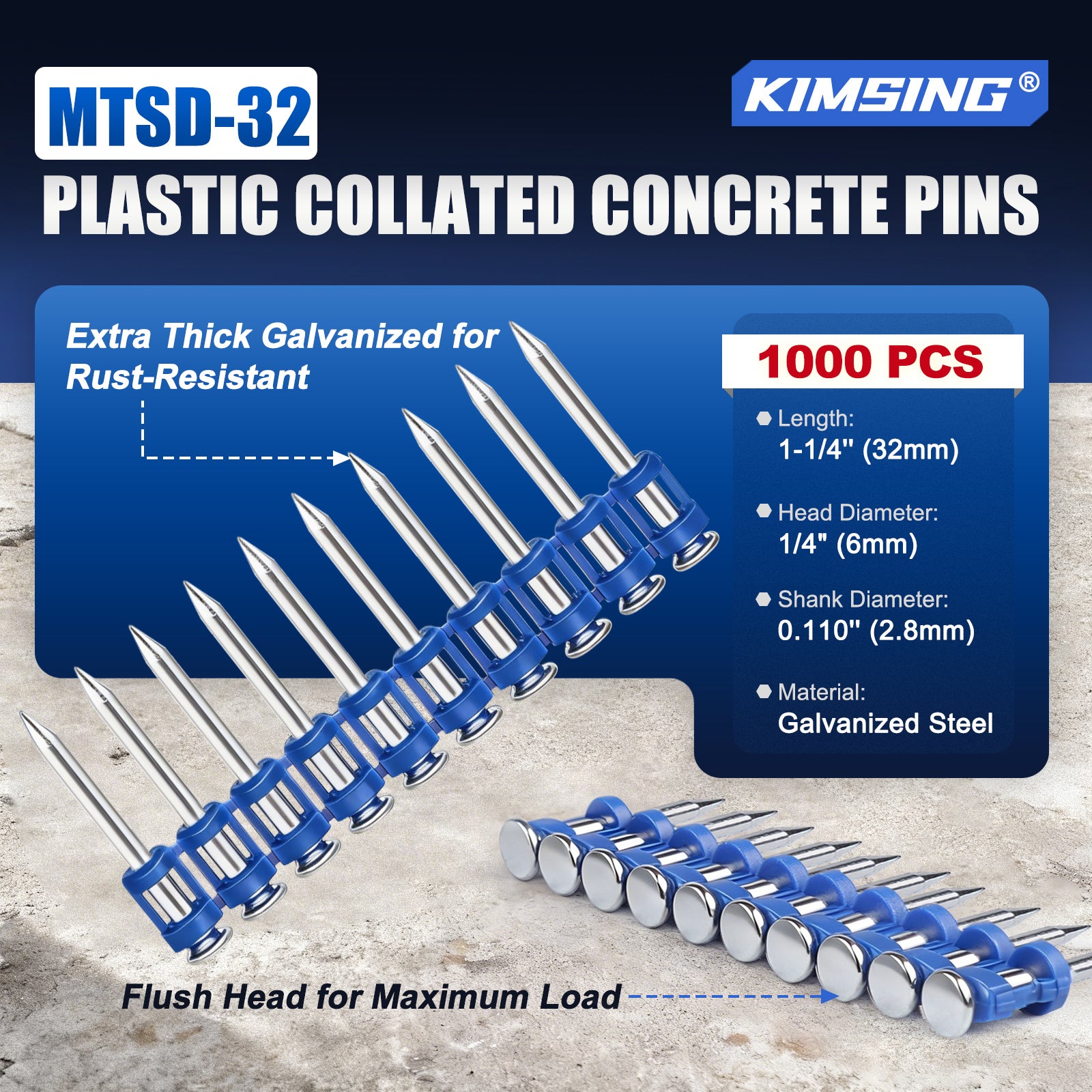 KIMSING 1-1/4 Inch Plastic Collated Concrete Pins, 1000PCS Box, 12 Gauge