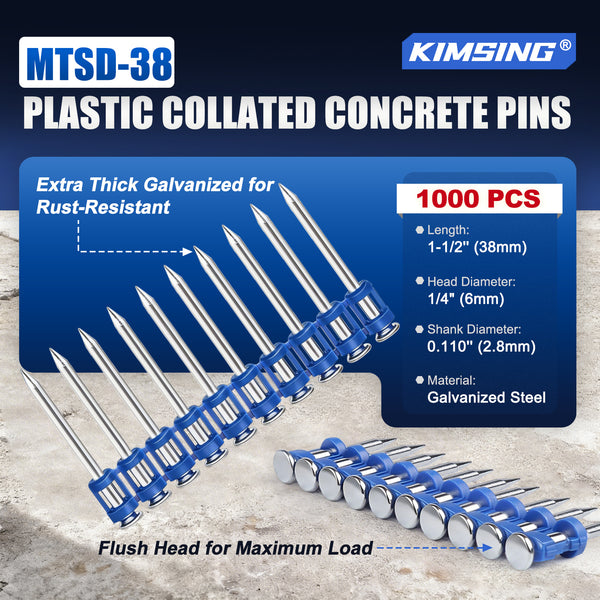 KIMSING 1-1/2 Inch Plastic Collated Concrete Pins, 1000PCS Box, 12 Gauge