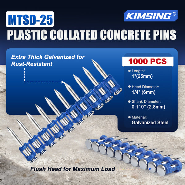 KIMSING 1 Inch Plastic Collated Concrete Pins, 1000PCS Box, 12 Gauge