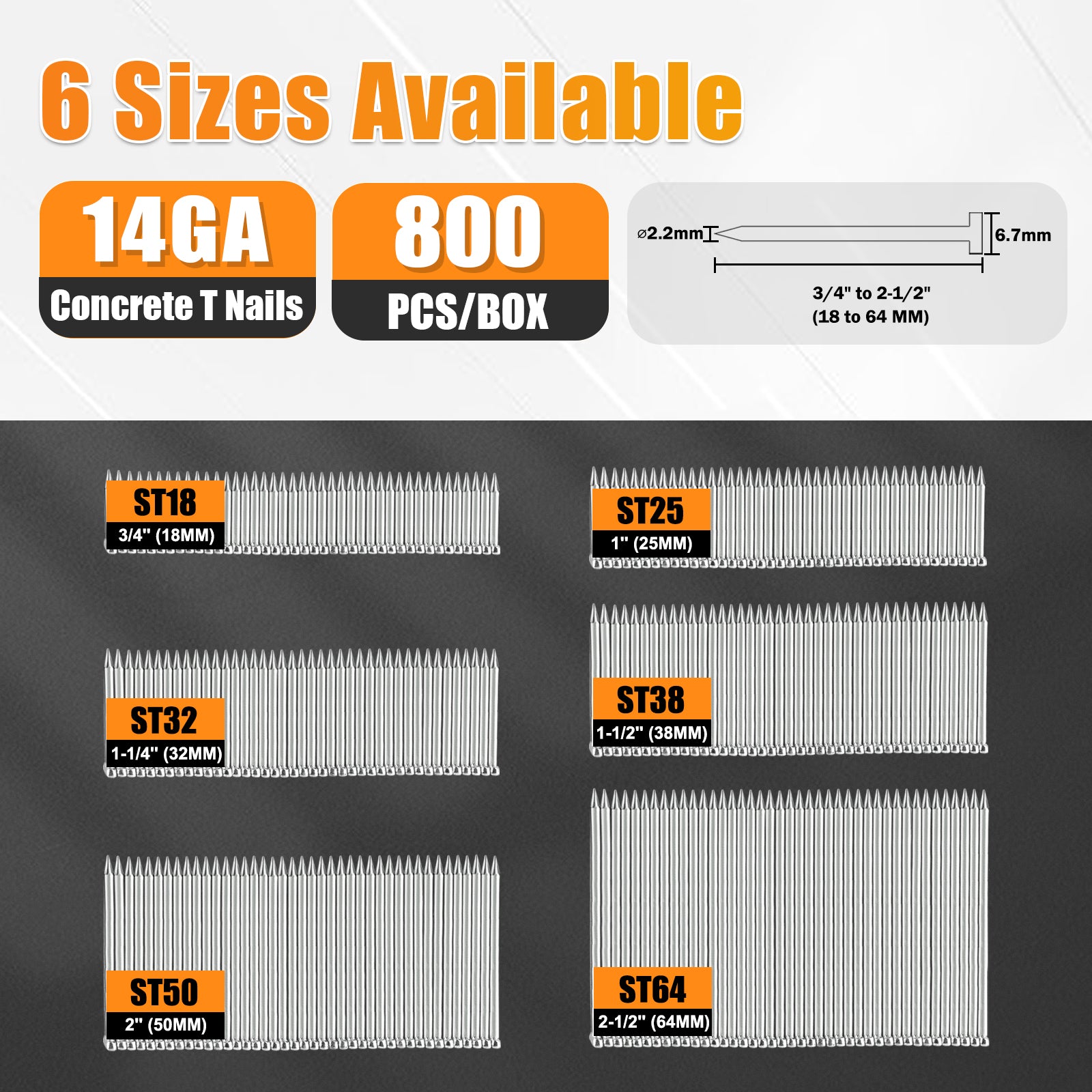 KIMSING 14 Gauge 3/4 inch - 2-1/2 inch (18mm-64mm) Length Concrete Nails 800 PCS/BOX, Concrete T-Nails for Concrete Nailers Smooth Shank