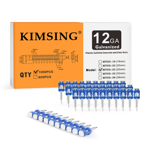 KIMSING 1 Inch Plastic Collated Concrete Pins, 1000PCS Box, 12 Gauge