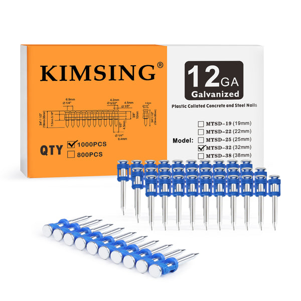 KIMSING 1-1/4 Inch Plastic Collated Concrete Pins, 1000PCS Box, 12 Gauge