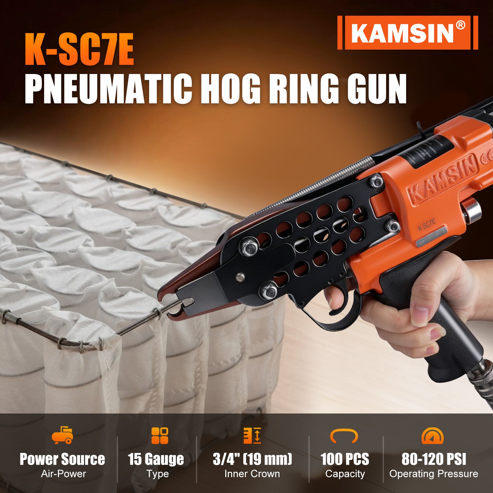 KAMSIN K-SC7E Pneumatic Long Nose Hog Ring Gun, 15 Gauge, 3/4-Inch Crown, 7.0-8.0mm Closing Diameter
