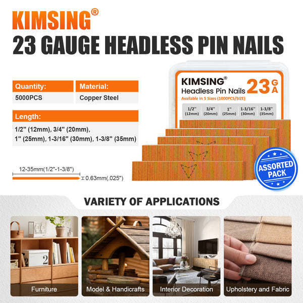 KIMSING 23 Gauge 5 Sizes Assorted Copper & Stainless Steel Headless Pin Nails (1/2", 3/4", 1", 1-3/16", 1-3/8"), Multi-Pack Pinner Pins for Pin Nailer Gun, 4500 Pieces