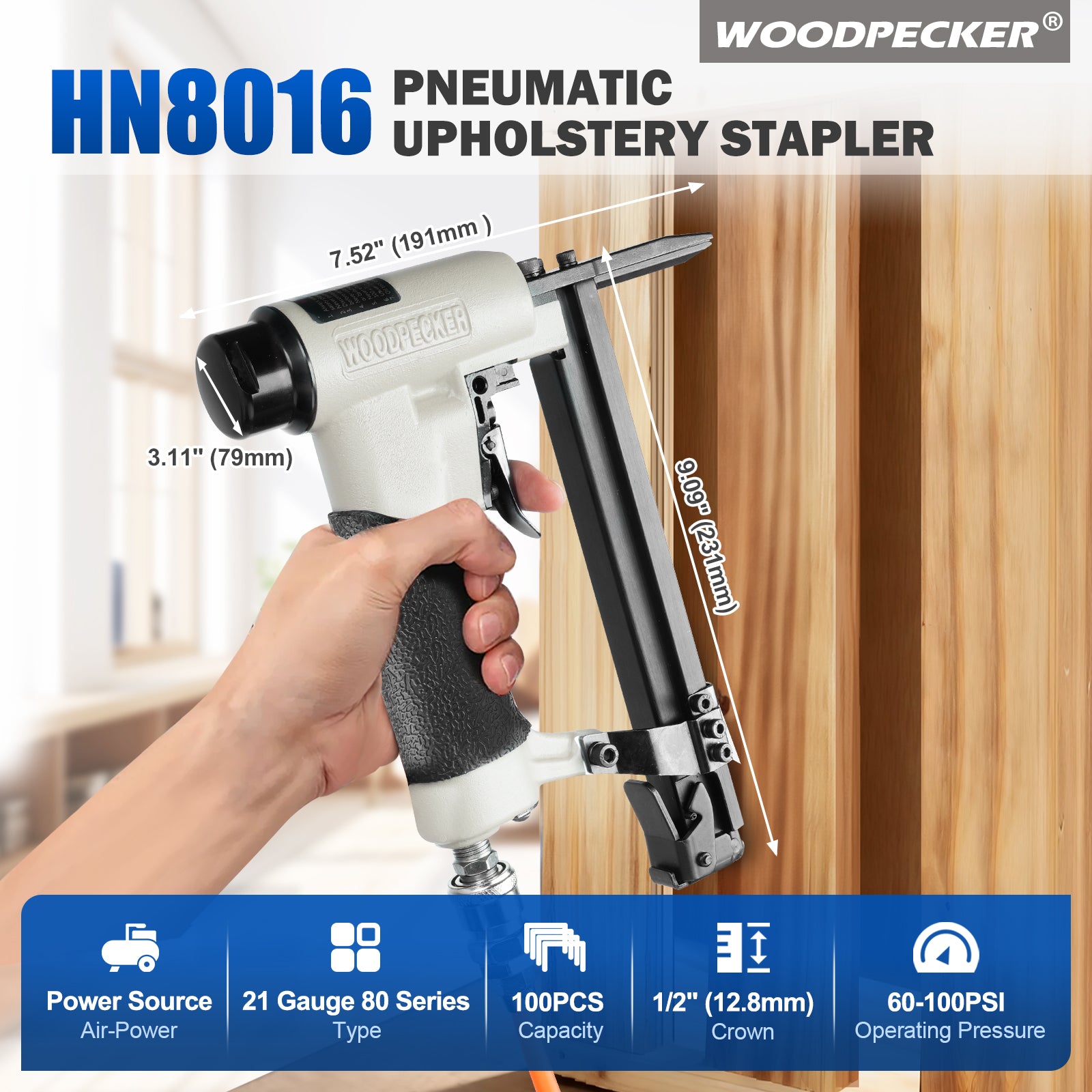 WOODPECKER HN8016 Pneumatic Upholstery Stapler, 21 Guage Type 80, 1/2-Inch Crown