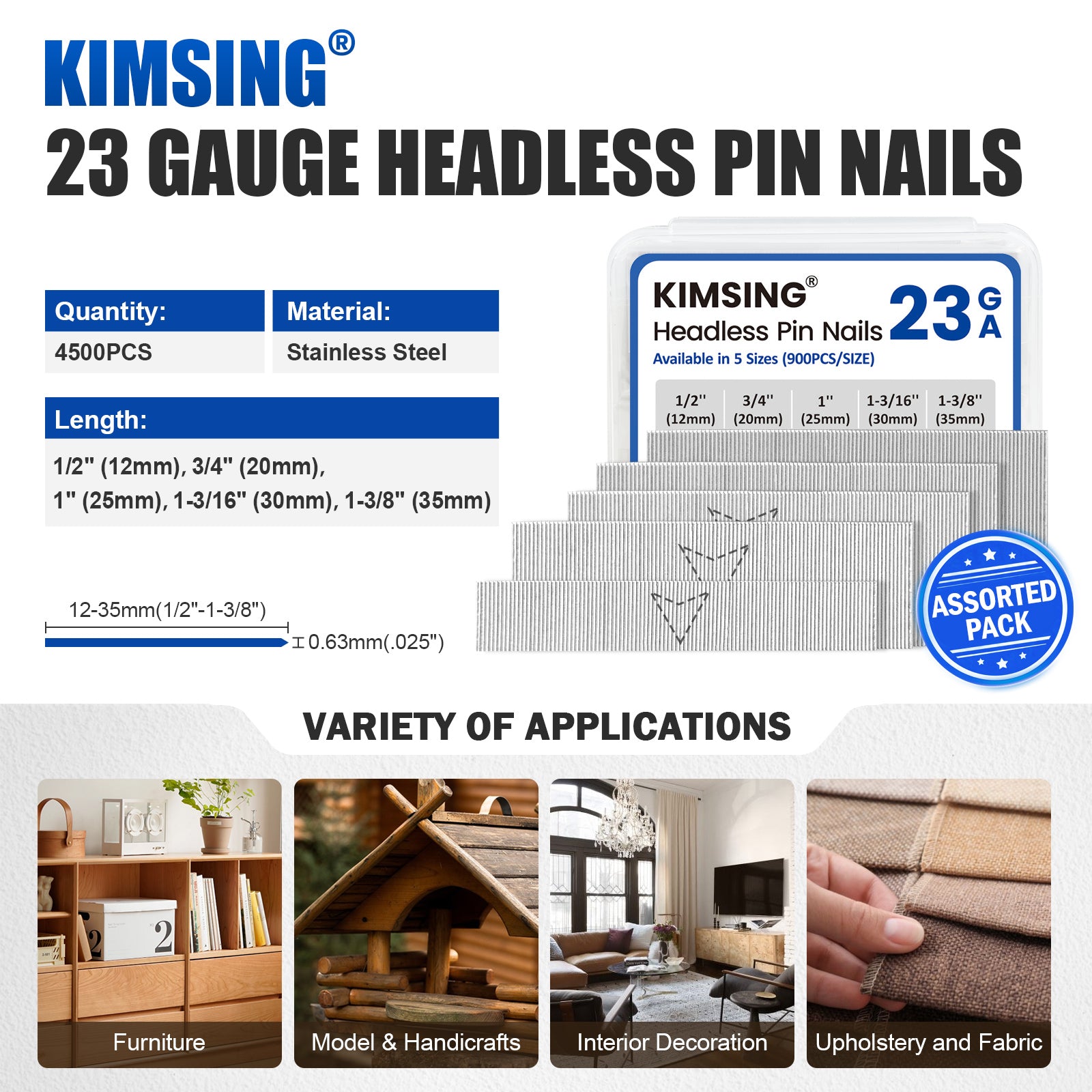 KIMSING 23 Gauge 5 Sizes Assorted Copper & Stainless Steel Headless Pin Nails (1/2