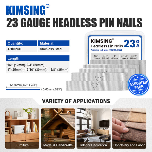 KIMSING 23 Gauge 5 Sizes Assorted Copper & Stainless Steel Headless Pin Nails (1/2", 3/4", 1", 1-3/16", 1-3/8"), Multi-Pack Pinner Pins for Pin Nailer Gun, 4500 Pieces