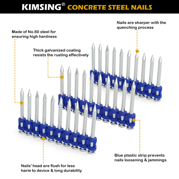 KIMSING MTSD-38 12 Gauge 1 1/2 Inch X .109 Inch Smooth Shank Plastic Collated Concrete and Steel Drive Pin Mechanical Galvanized for Gas Power Concrete and Steel Nailer 800 PCS/Box