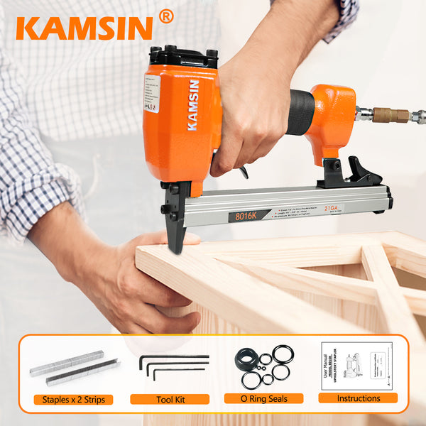 Kamsin 8016K Pneumatic Upholstery Staple Gun 21 Gauge Upholstery Stapler Fits 80 Series Staples with 1/2-Inch Crown and 1/4-Inch to 5/8-Inch Leg Length for Furniture, Cabinet and Woodworking (8016K)