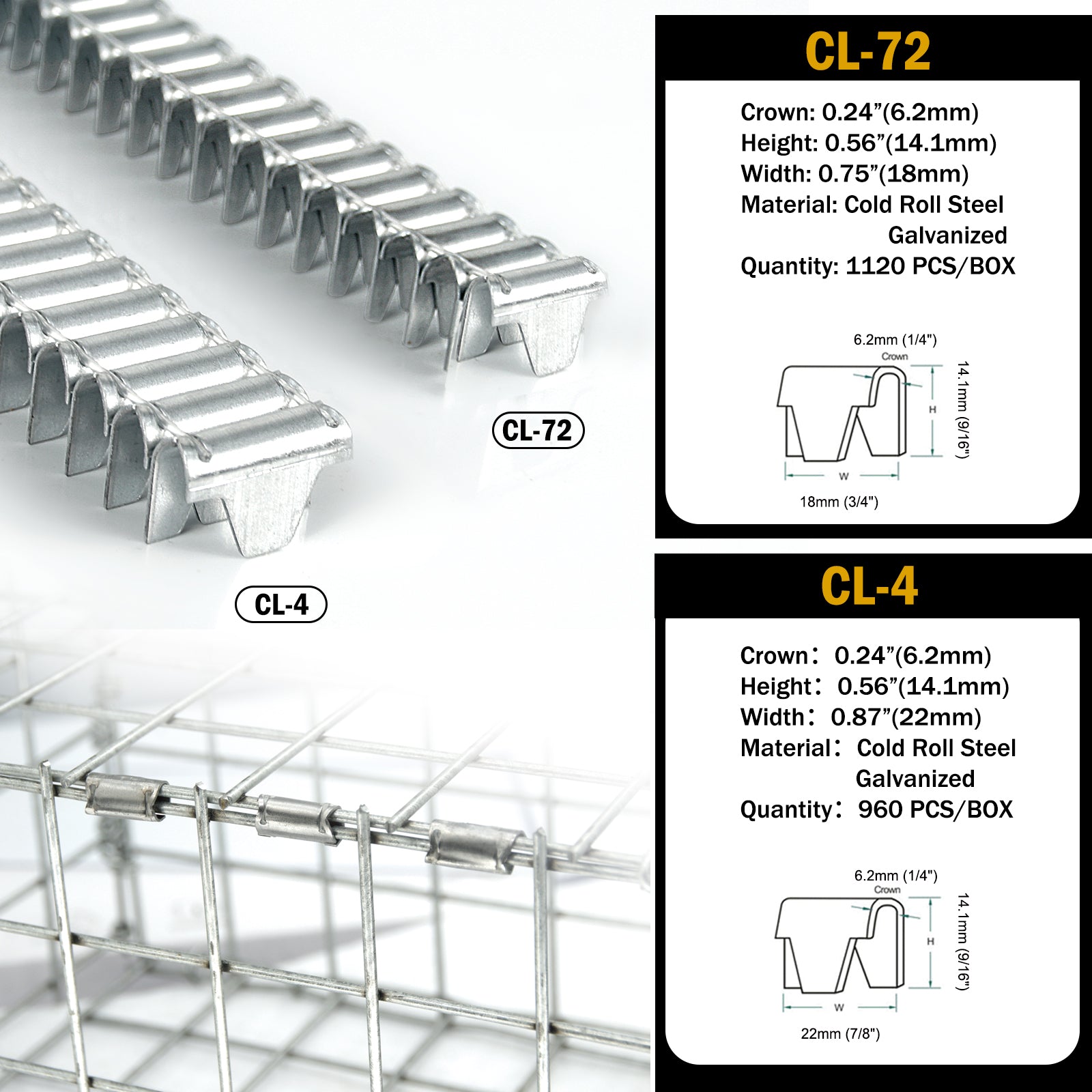 CL-4 & CL-72 Galvanized Clinching Clips, Fasteners for M66 Spring Mattress Clinching Clipper Tool, Wire Fence Staples for Wire Cages
