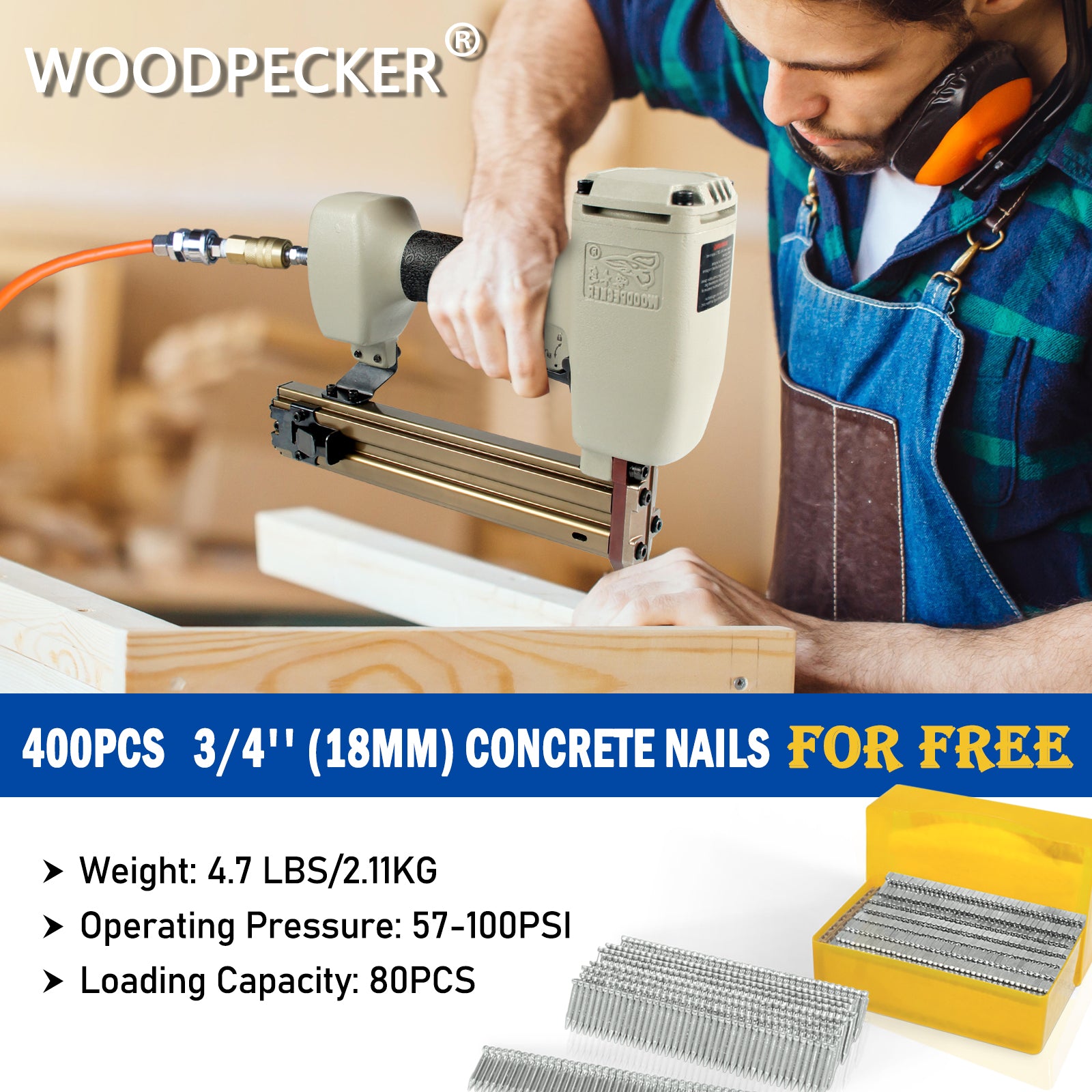 Woodpecker ST38H Pneumatic Concrete T Nailer, 14 Gauge, 3/4-Inch - 1-1/2-Inch (18mm-38mm)