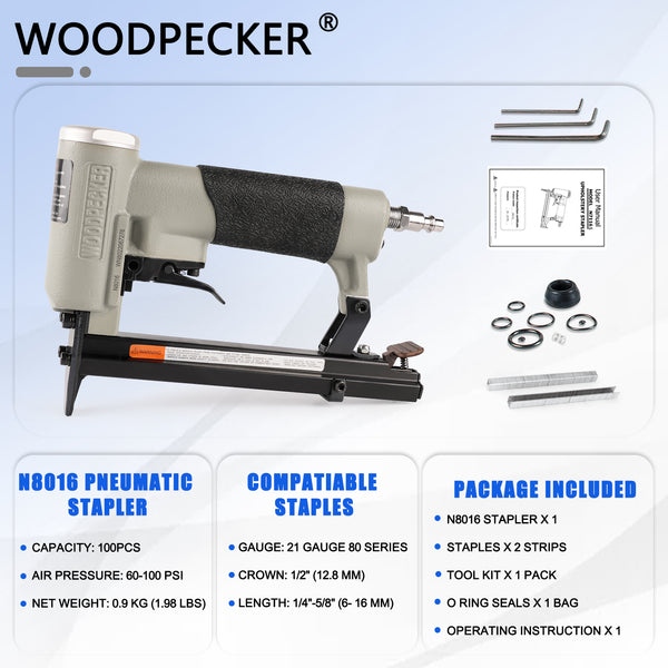 Woodpecker N8016 21 Gauge Pneumatic Upholstery Stapler 1/2" Crown