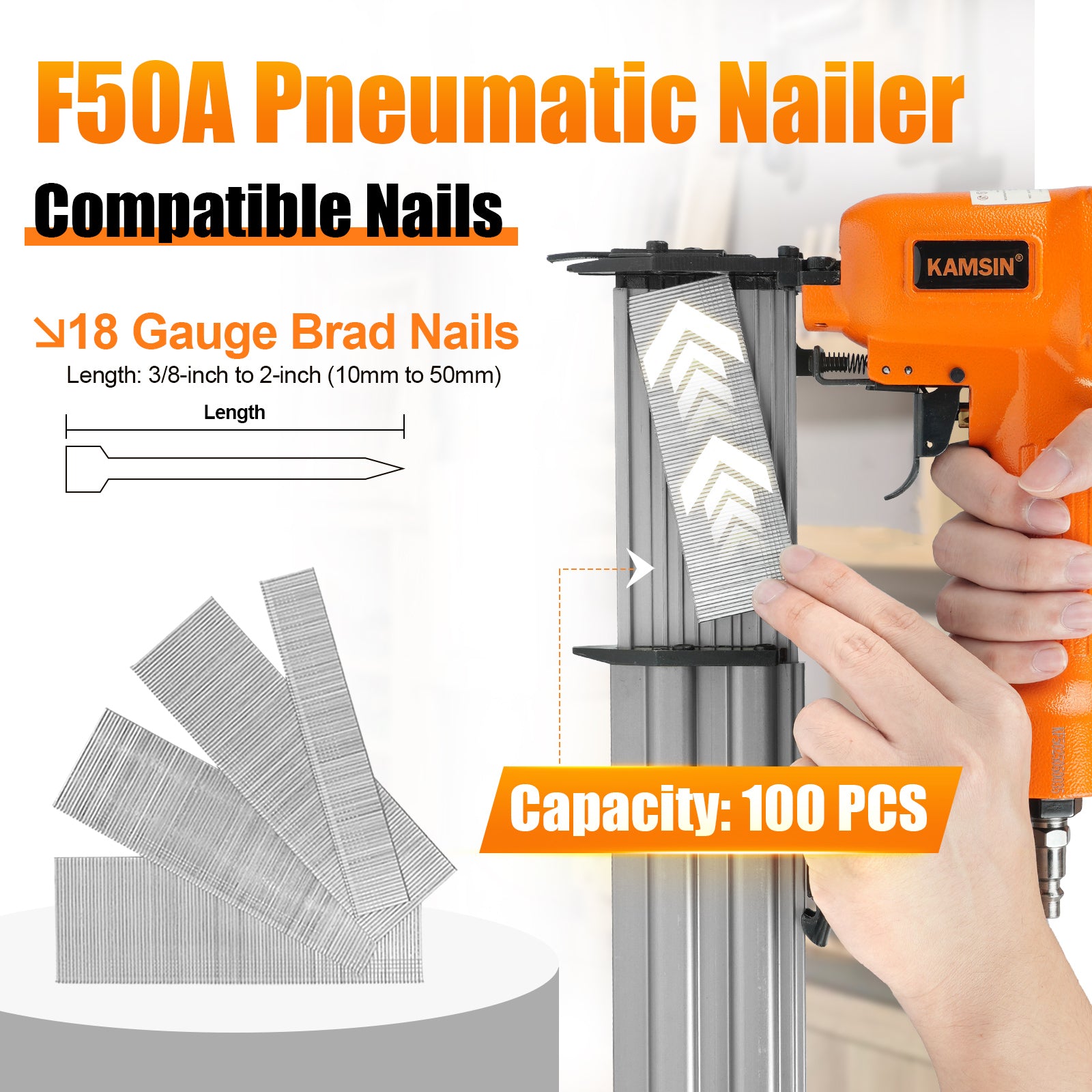 KAMSIN F50A Pneumatic Brad Nailer, 18 Gauge, 3/8-Inch to 2-Inch  (10mm-50mm)