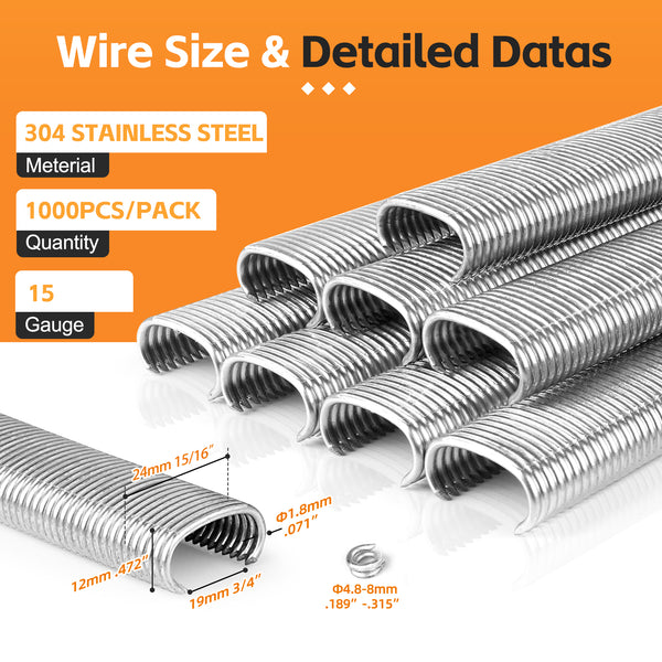 KIMSING SC7 15 Gauge 3/4'' Crown C-Rings Hog Rings  in 304 Stainless Steel & Galvanized Steel, Wire Fencing Staples, Fasteners for Hog Ring Tool, C Ring Plier, 1000 PCS/Pack & 10000PCS/Box