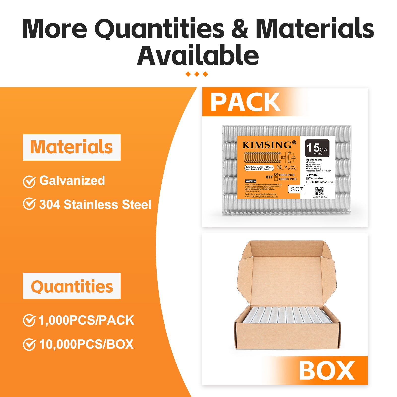 KIMSING SC7 15 Gauge 3/4'' Crown C-Rings Hog Rings  in 304 Stainless Steel & Galvanized Steel, Wire Fencing Staples, Fasteners for Hog Ring Tool, C Ring Plier, 1000 PCS/Pack & 10000PCS/Box