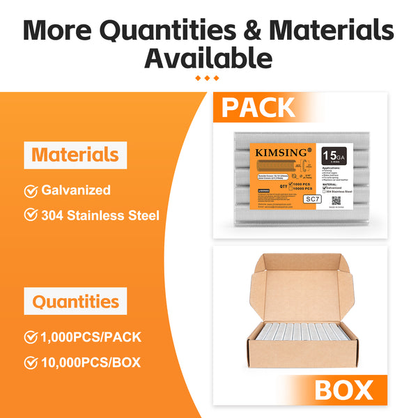 KIMSING SC7 15 Gauge 3/4'' Crown C-Rings Hog Rings  in 304 Stainless Steel & Galvanized Steel, Wire Fencing Staples, Fasteners for Hog Ring Tool, C Ring Plier, 1000 PCS/Pack & 10000PCS/Box