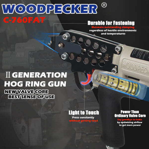 WOODPECKER C-760FA 16 Guage Pneumatic Hog Ring Gun, Standard 3.0mm Closure Diameter, 1/2-Inch Crown Hog Ring Staples