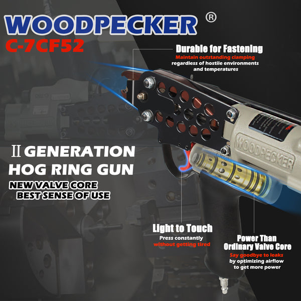 WOODPECKER C-7CF52 15 Gauge Pneumatic Hog Ring Gun, Standard Nose, 4.8mm Closure Diameter, 3/4-Inch Crown Hog Ring Staples