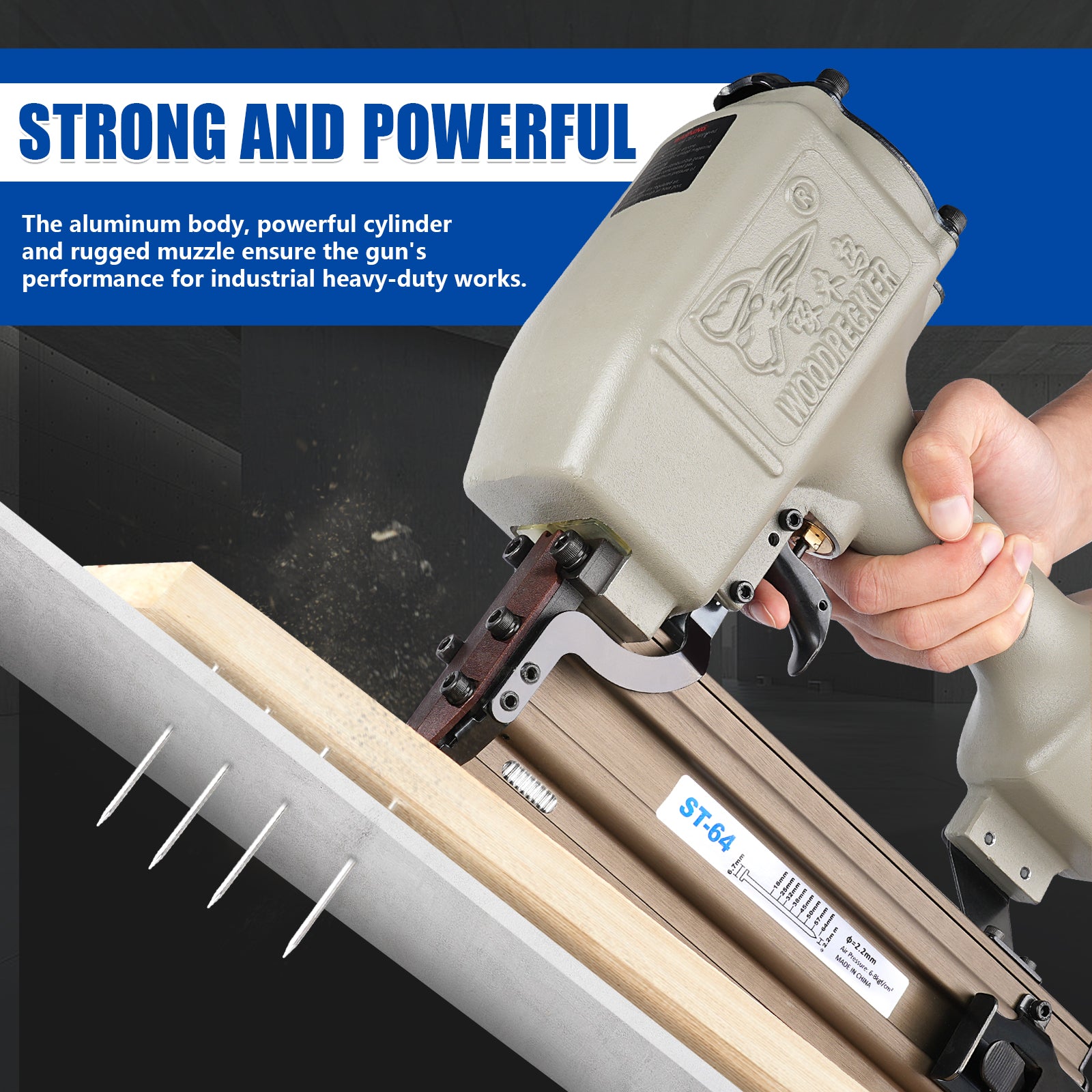 Woodpecker ST64 Pneumatic Concrete T Nailer, 14 Gauge, 1-Inch - 2-1/2-Inch (25mm-64mm)