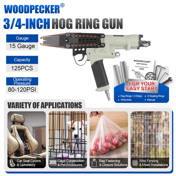 WOODPECKER C-77XE Pneumatic Hog Ring Gun, 15 Gauge, 3/4-Inch Crown, 7.0 mm Closing Diameter