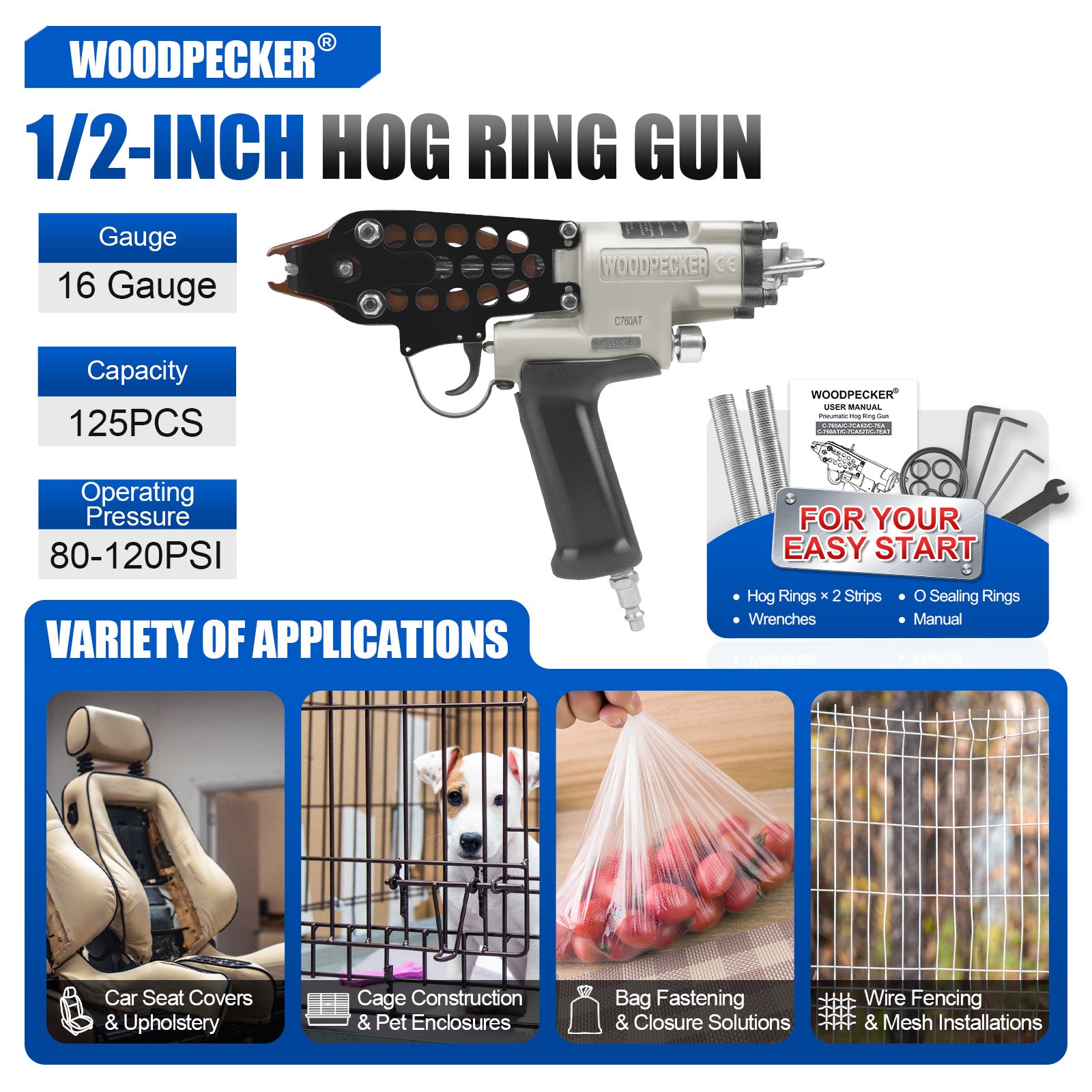 WOODPECKER C-760AT Pneumatic Hog Ring Gun, 16 Gauge, 1/2-Inch Crown, 3.0 mm Closing Diameter
