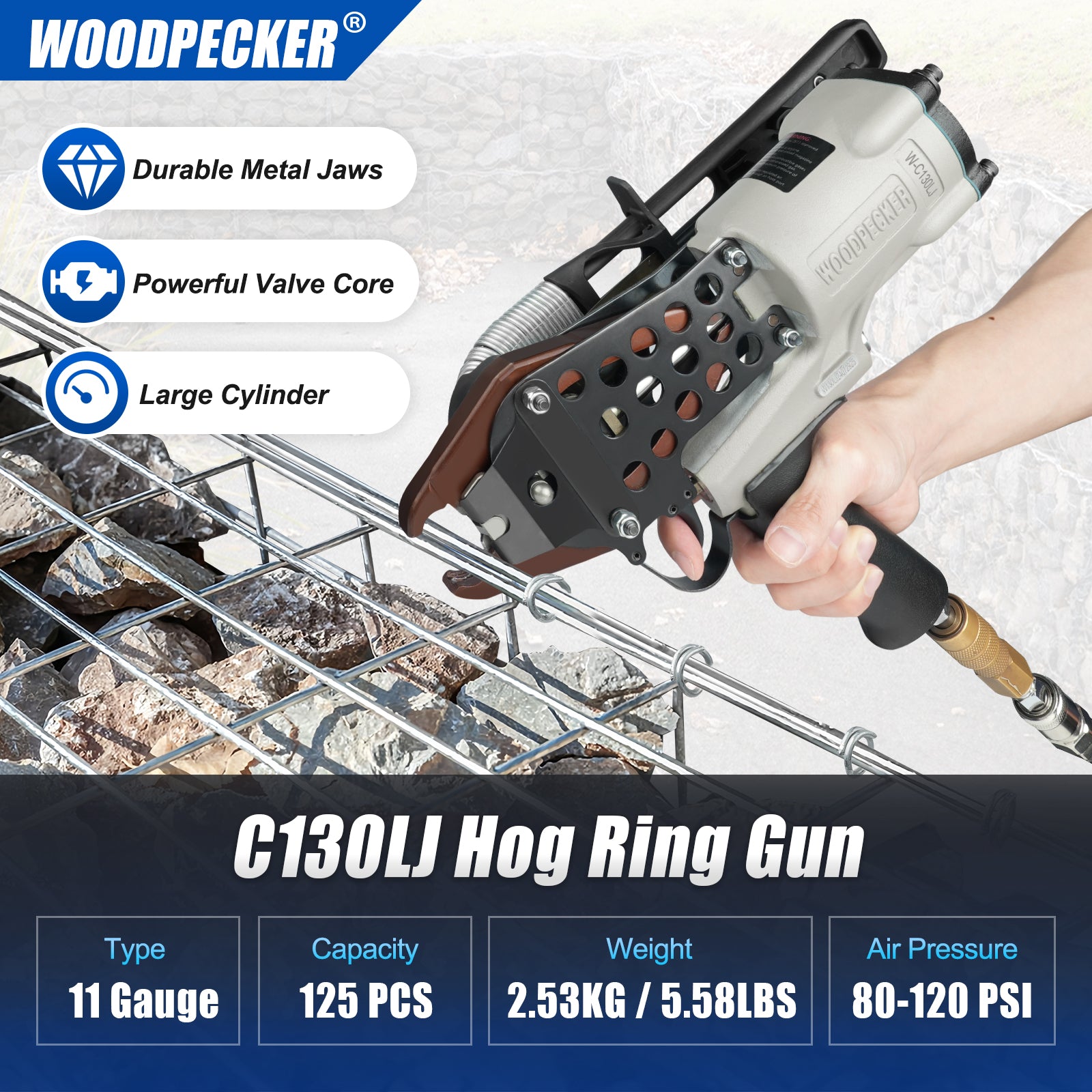 WOODPECKER C130L Heavy Duty Pneumatic Gabion Hog Ring Gun, 11 Gauge, 1-1/2-Inch Crown, 13.0-14.0mm Closing Diameter