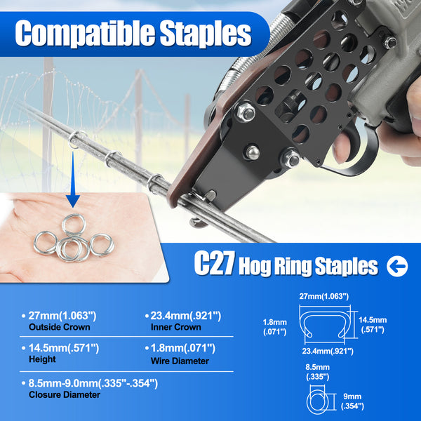 WOODPECKER C-7 Pneumatic Hog Ring Plier 27mm Crown, 8.5mm to 9.0mm Closure Diameter Hog Ring Gun for Mattress Manufacturing, Strapping, Fencing, Cages