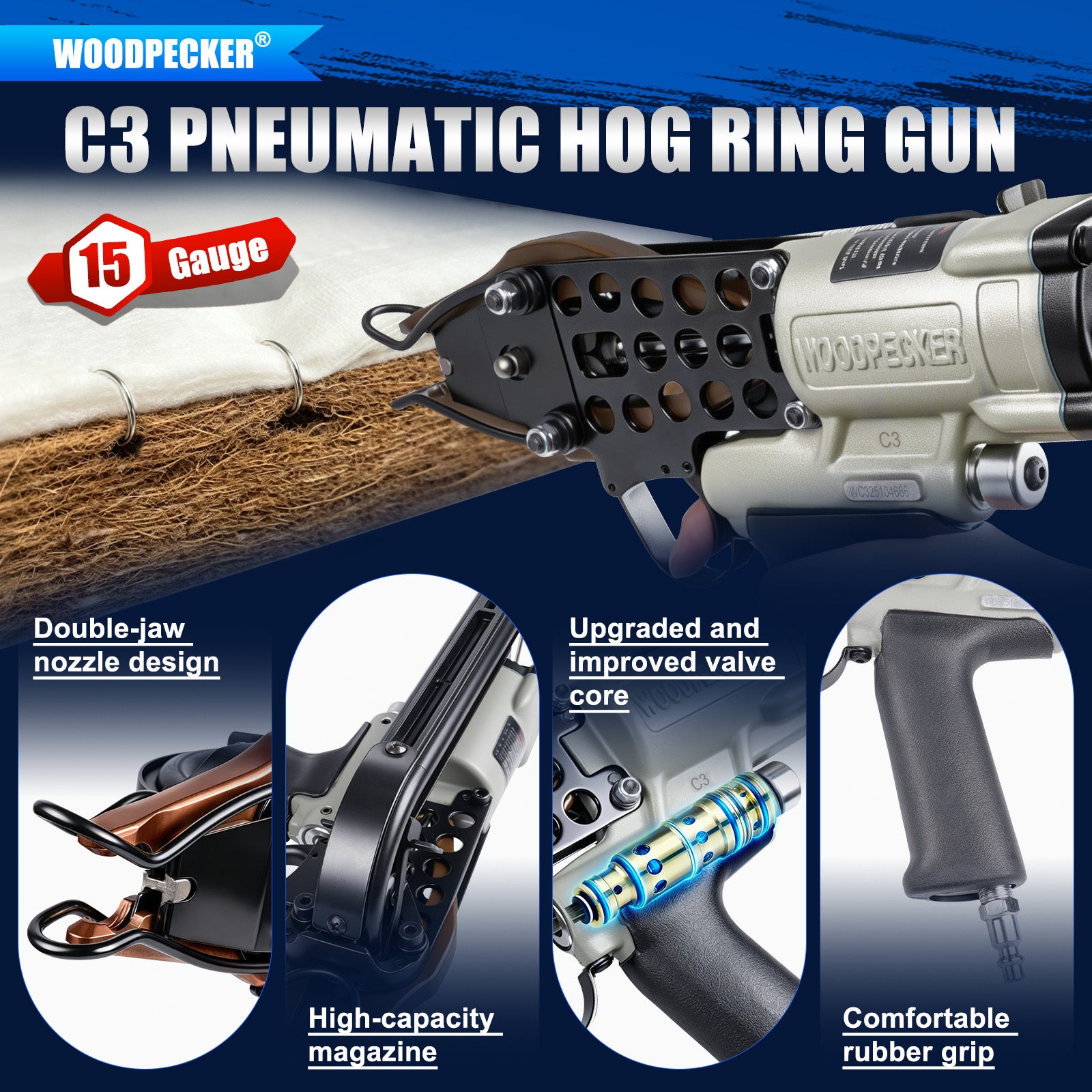 WOODPECKER C3 Pneumatic Coir Mattress Hog Ring Gun, 15 Gauge, 1-1/8-Inch Crown, 10.5mm Closing Diameter