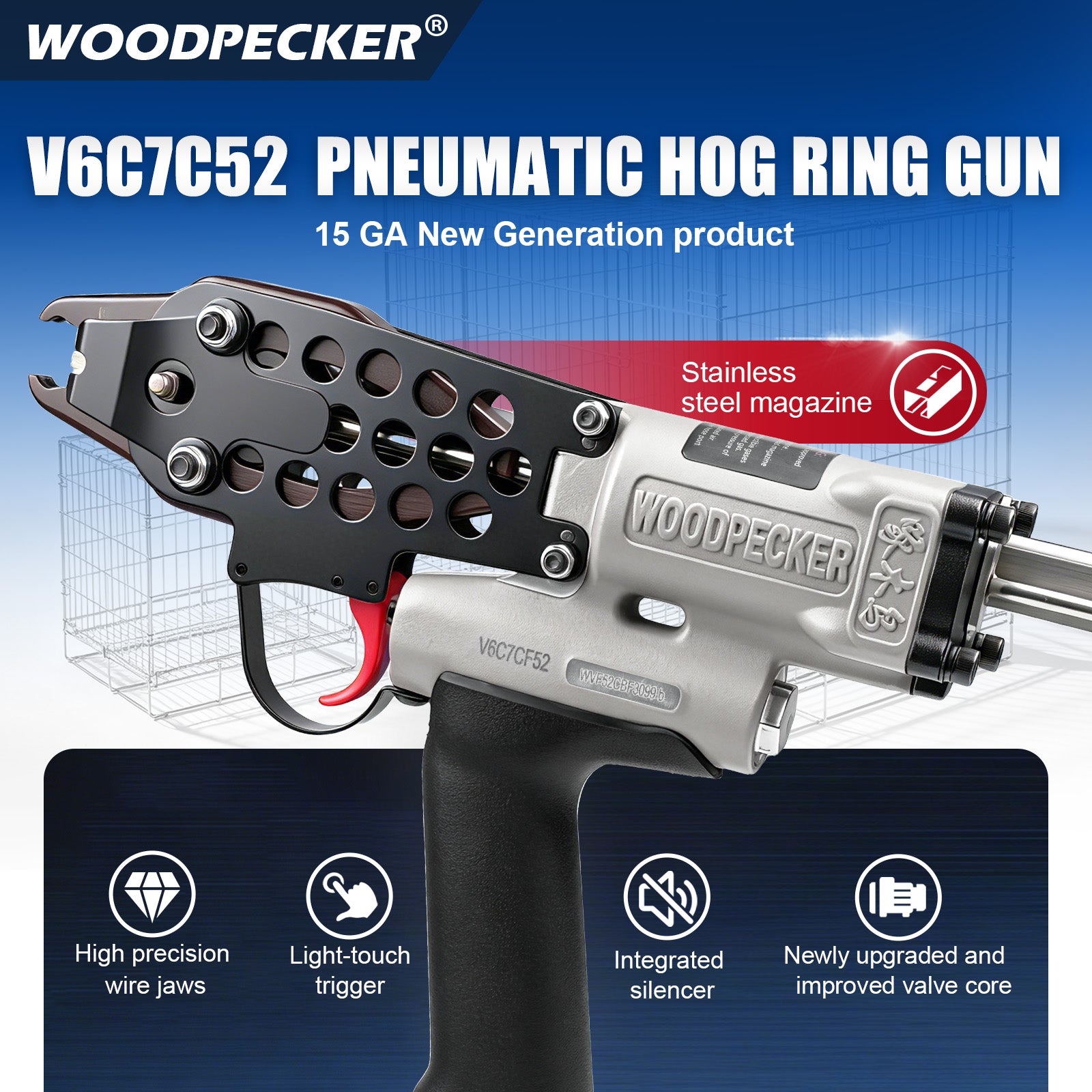 WOODPECKER V6C7CF52 15 Gauge 3/4-Inch Pneumatic Hog Ring Gun 5.2-5.8mm Closure Diameter with Stainless Steel Magazine