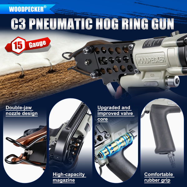 WOODPECKER C3 Pneumatic Coir Mattress Hog Ring Gun, 15 Gauge, 1-1/8-Inch Crown, 10.5mm Closing Diameter