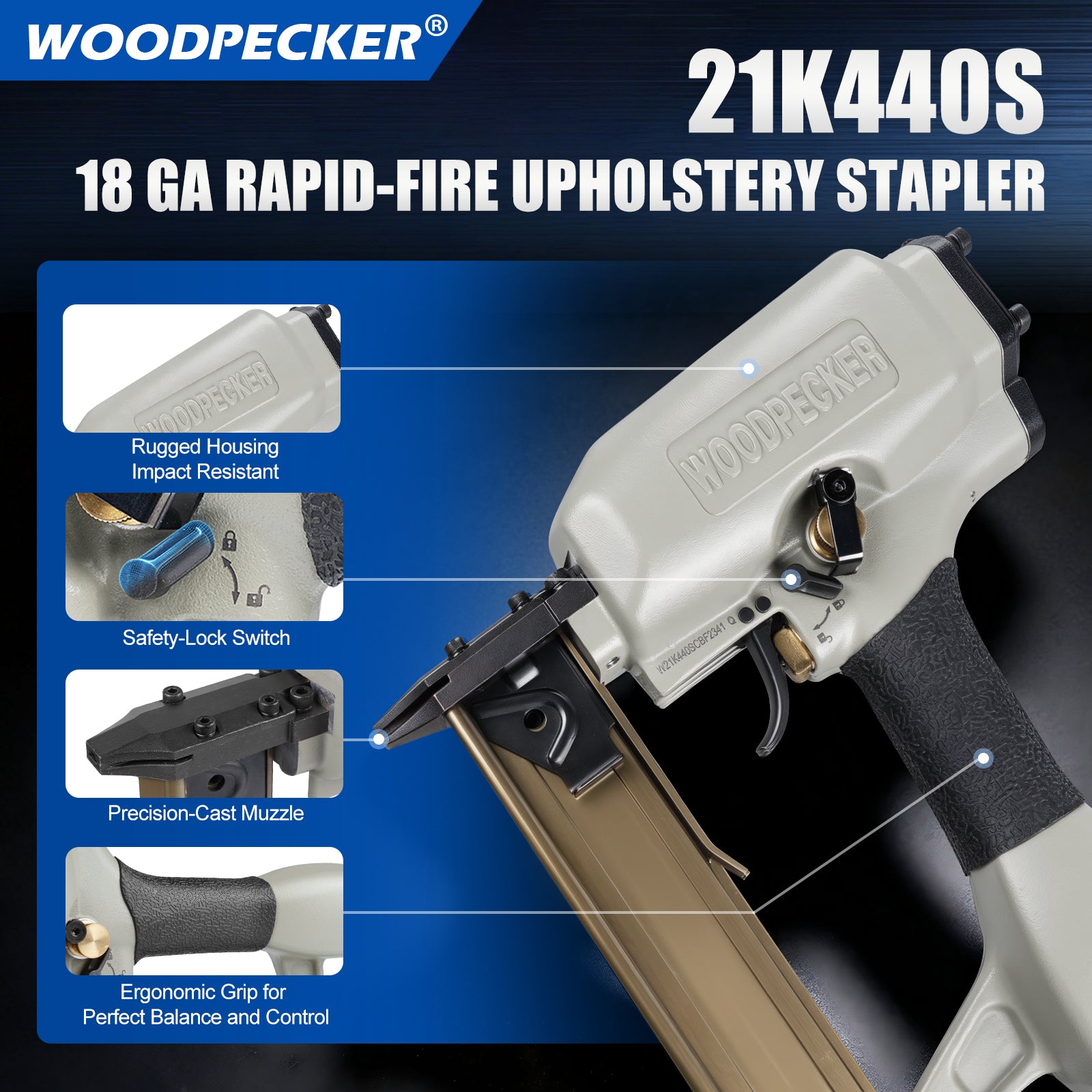 WOODPECKER 21K440S 18 Gauge 1/4-Inch Rapid-Fire Upholstery Stapler, Fits 1