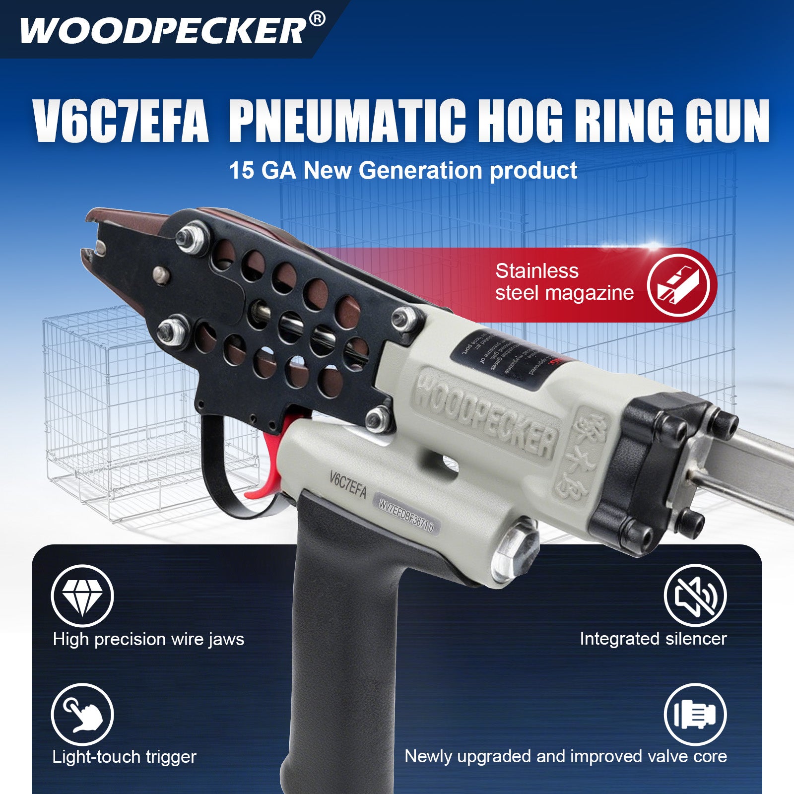 WOODPECKER V6C7EFA 15 Gauge 3/4-Inch Pneumatic Hog Ring Gun 7.5-8.3mm Closure Diameter with Stainless Steel Magazine