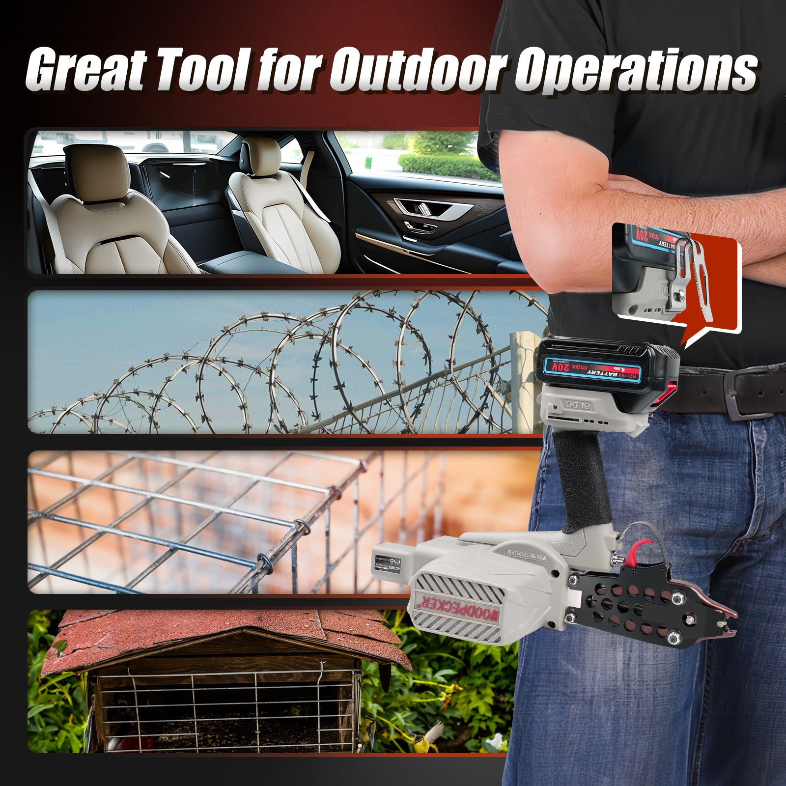 Woodpecker eC760T 16GA Cordless 20V 4.0Ah Electric Hog Ring Gun, 1/2-Inch Crown, 3.0-4.0mm Closure Diameter, Battery Powered C Ring Plier Tool for Fencing, Wire Cages