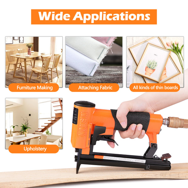 KN8016S 21 Gauge Pneumatic Upholstery Stapler for 80 Series Staples with 1/2" Crown Continuous Firing Mode Air Power Upholstery Staple Gun Fine Wire Stapler, DIY, Renovation, Furniture