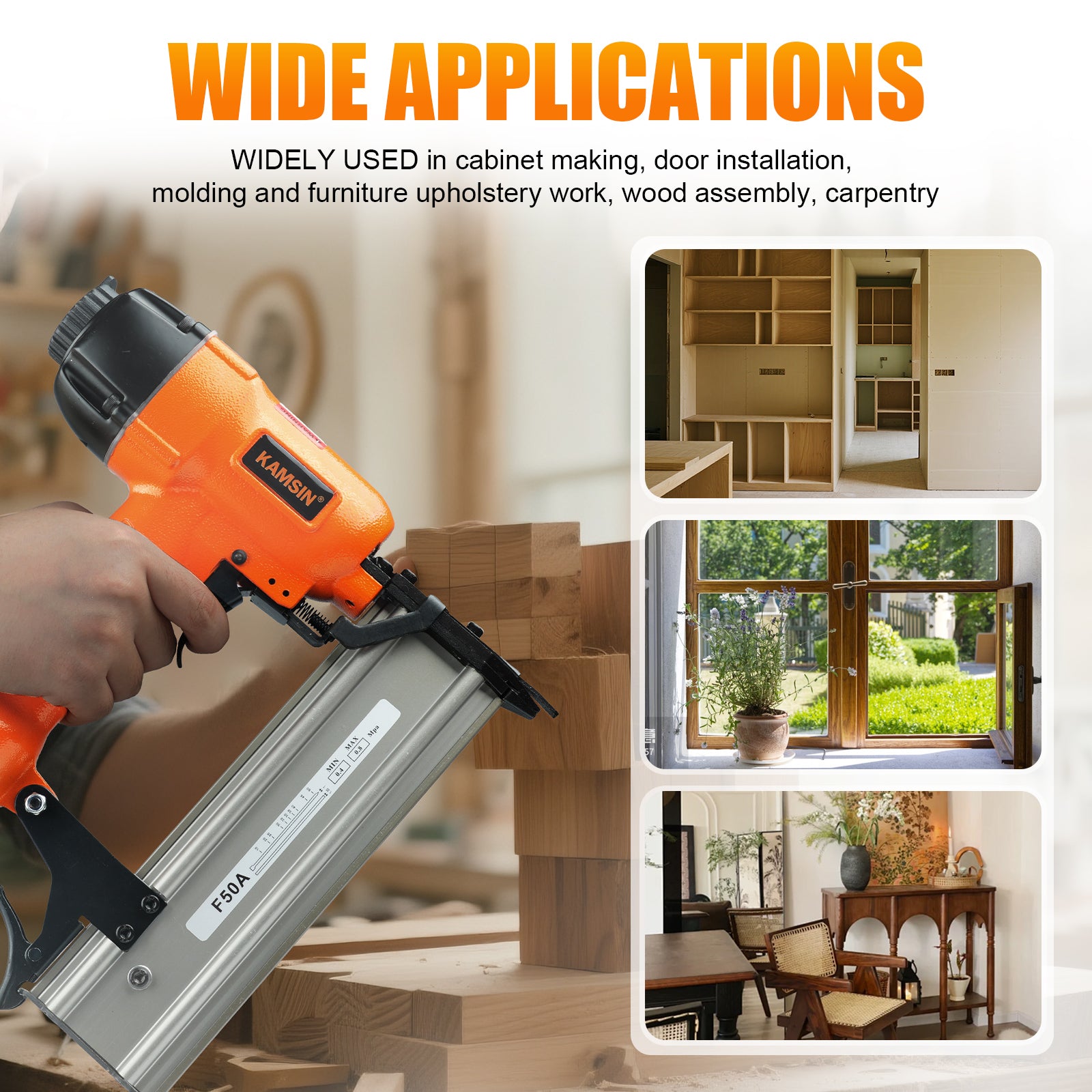 KAMSIN F50A Pneumatic Brad Nailer, 18 Gauge, 3/8-Inch to 2-Inch  (10mm-50mm)