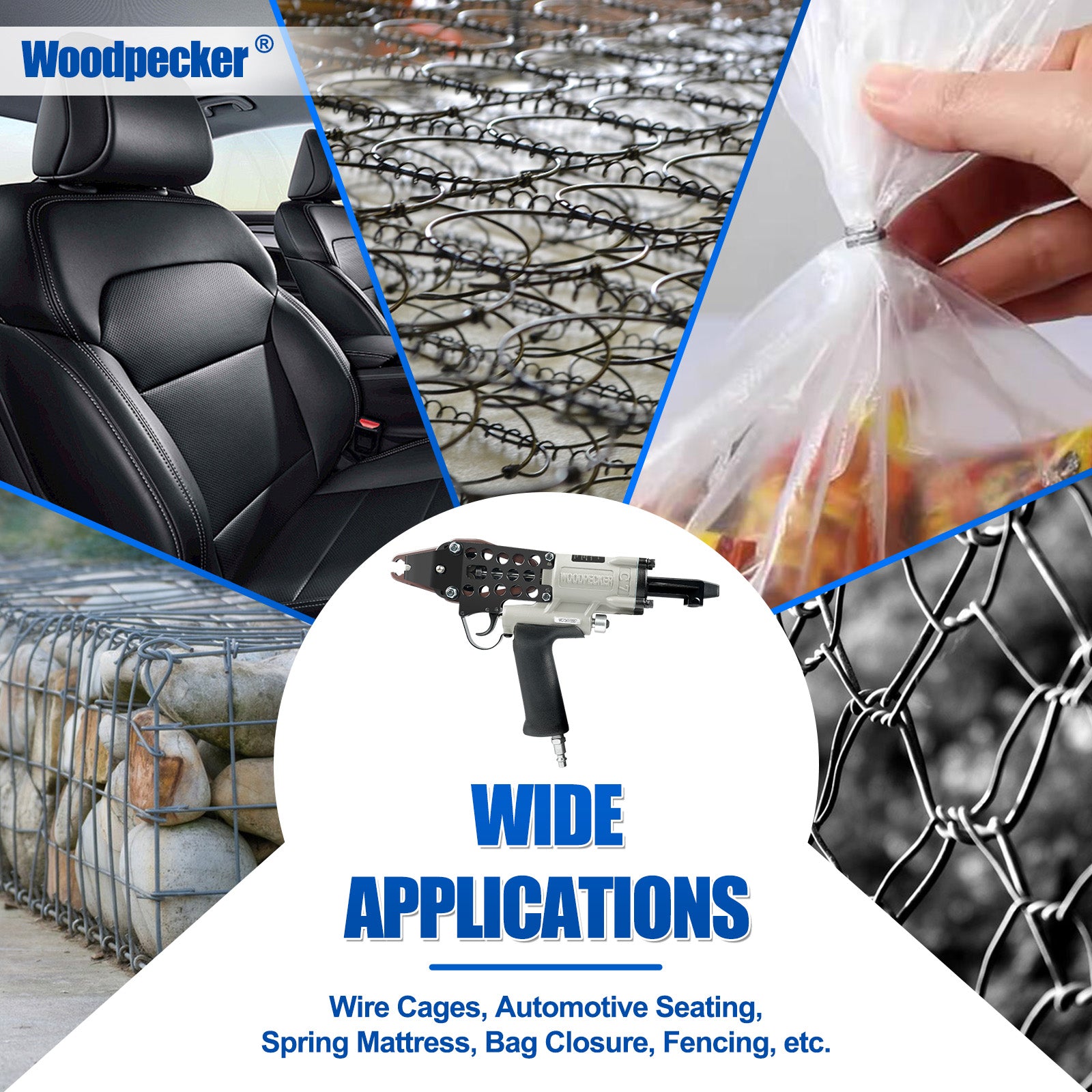 WOODPECKER C-7 Pneumatic Hog Ring Plier 27mm Crown, 8.5mm to 9.0mm Closure Diameter Hog Ring Gun for Mattress Manufacturing, Strapping, Fencing, Cages