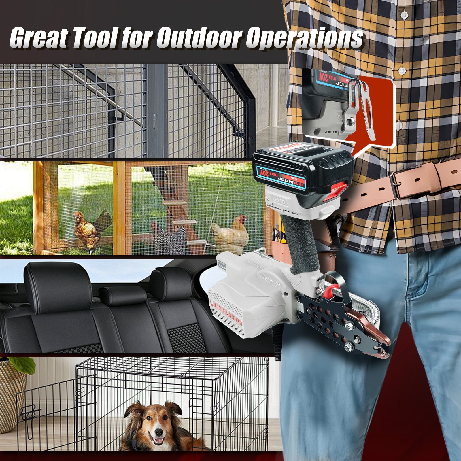 WOODPECKER eC7CT 15GA Cordless 20V 4.0Ah Electric Hog Ring Gun, 3/4-Inch Crown, 4.8-5.2mm Closure Diameter, Battery Powered C Ring Plier Tool for Fencing, Wire Cages