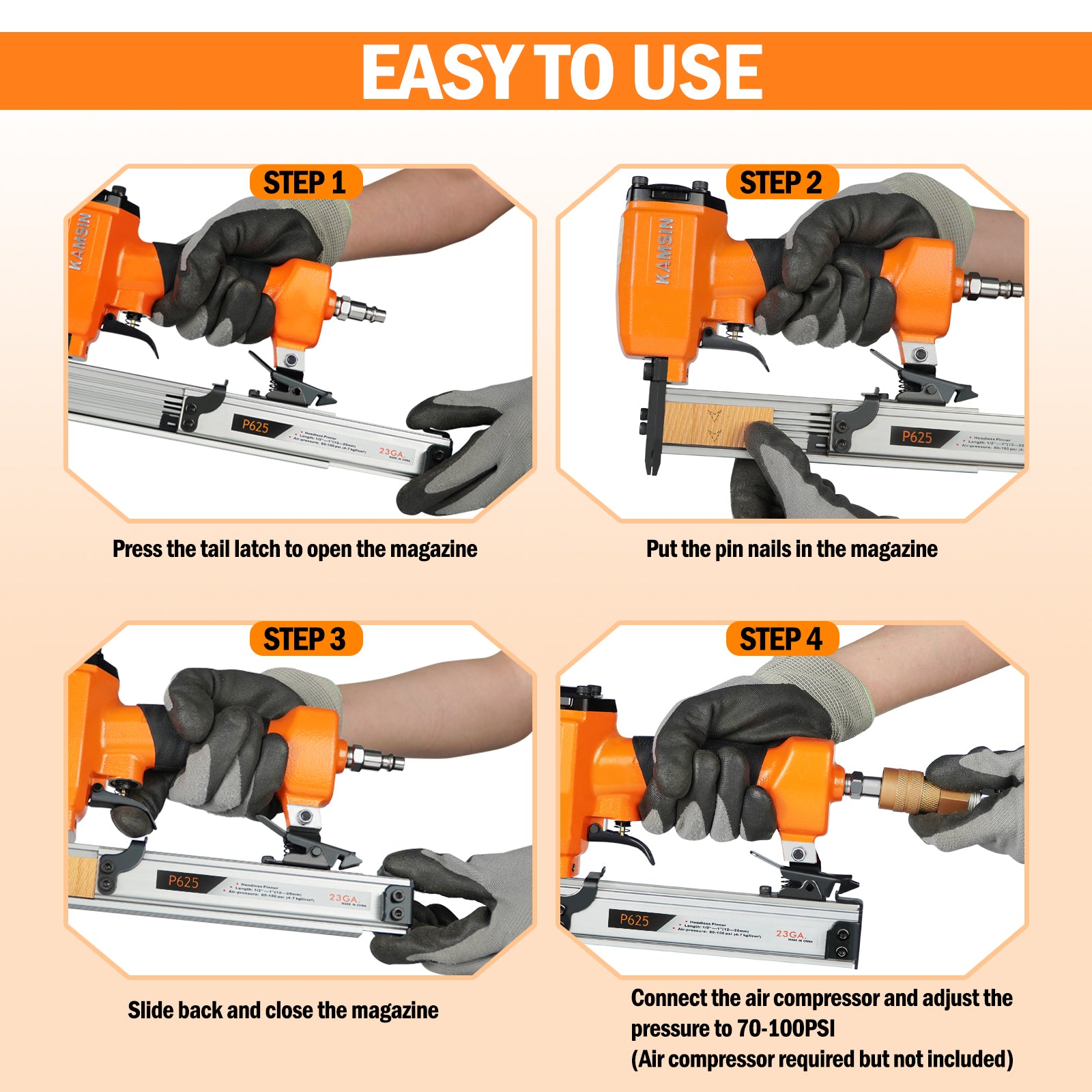 KAMSIN P625 Pneumatic Headless Pin Nailer, 23 Gauge, 1/2-Inch to 1-Inch (12 to 25mm)
