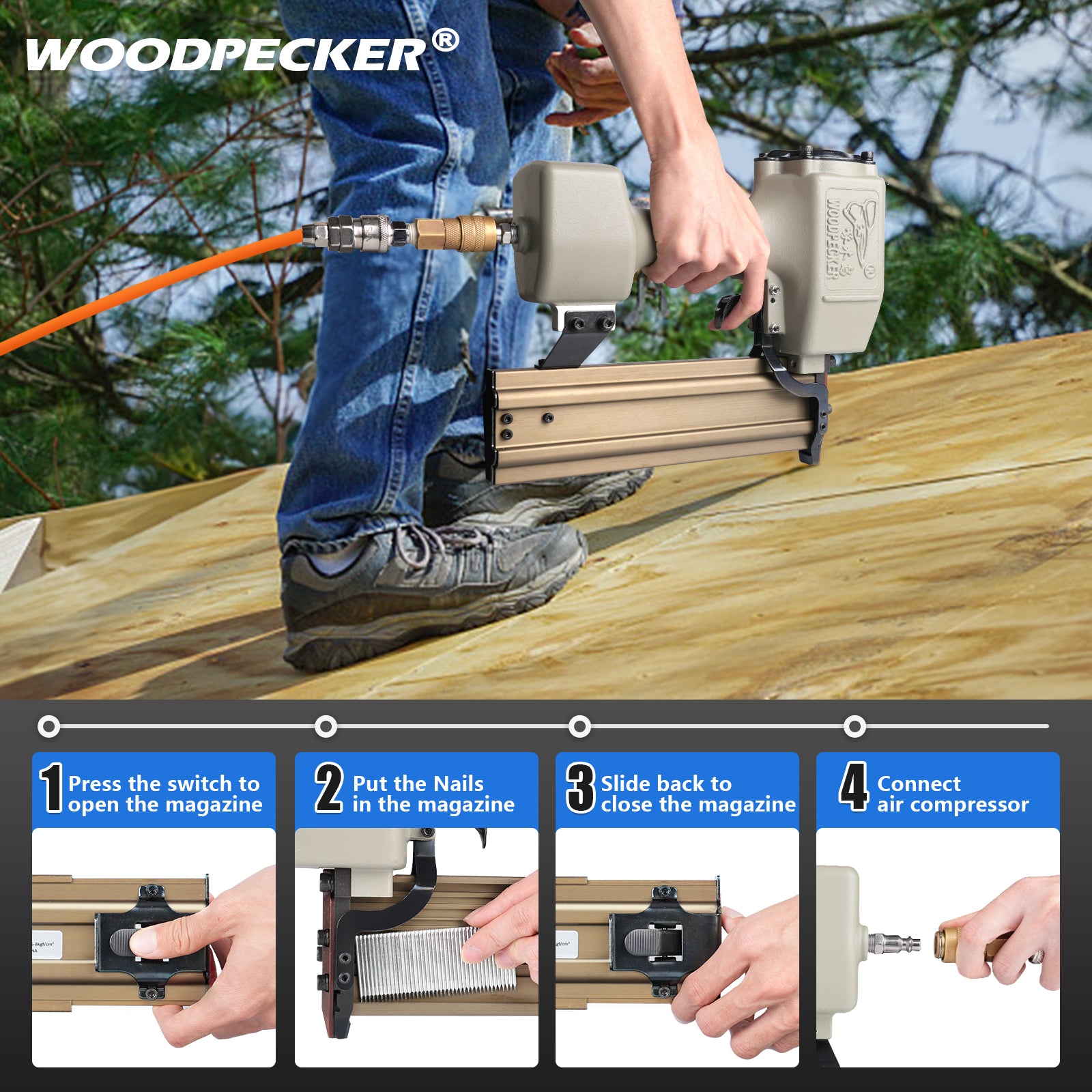 Woodpecker ST64 Pneumatic Concrete T Nailer, 14 Gauge, 1-Inch - 2-1/2-Inch (25mm-64mm)