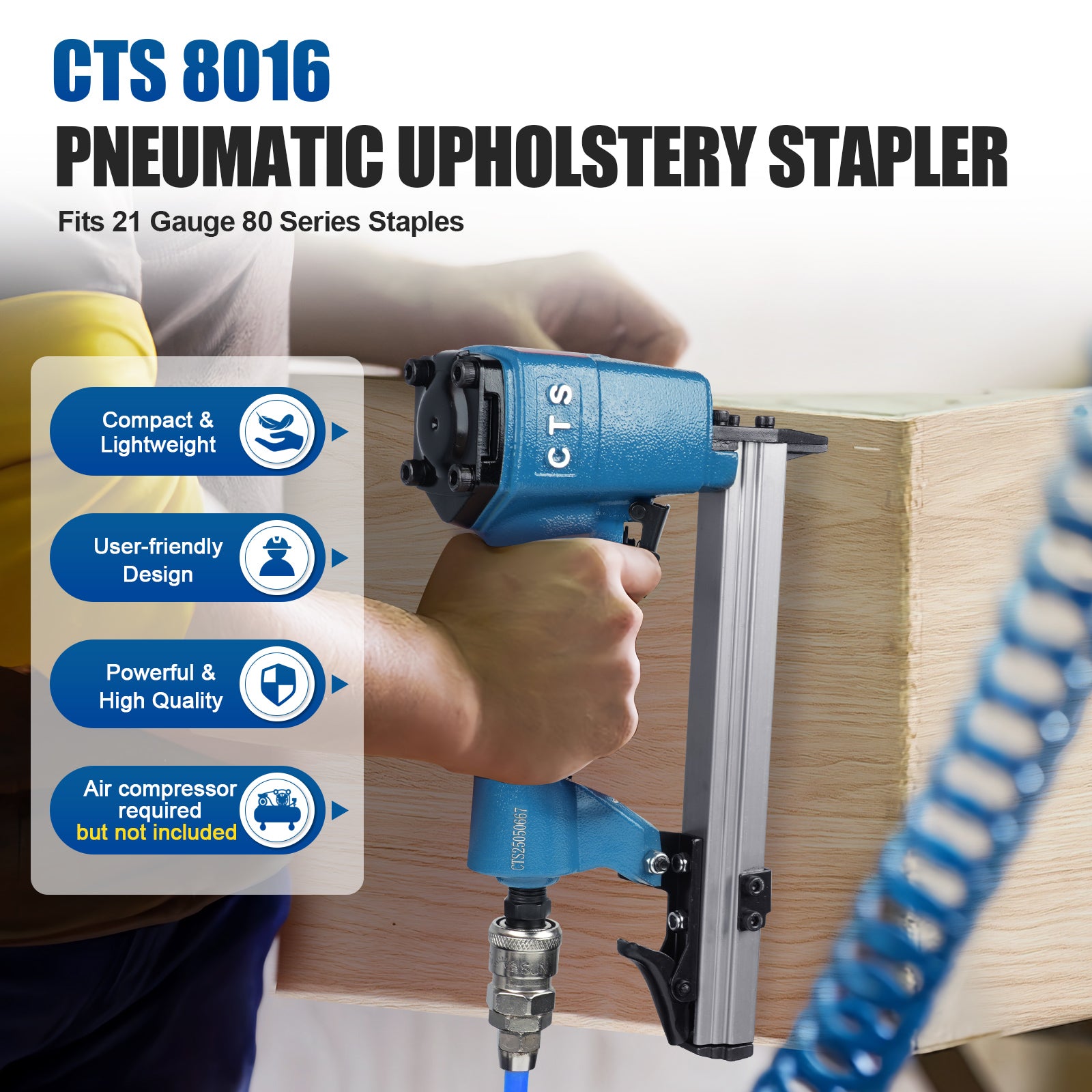 CTS 8016 Pneumatic Upholstery Stapler, 21 Guage Type 80, 1/2-Inch Crown