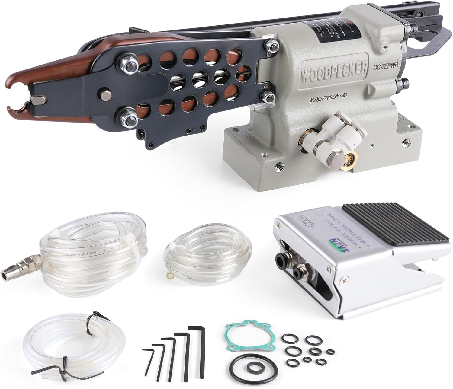 WOODPECKER QC-7EPFR 15 Gauge 3/4-Inch Semi-Automatic Hog Ring Gun with Foot Pedal Control, 7.5 to 8.3 mm Closing Diameter