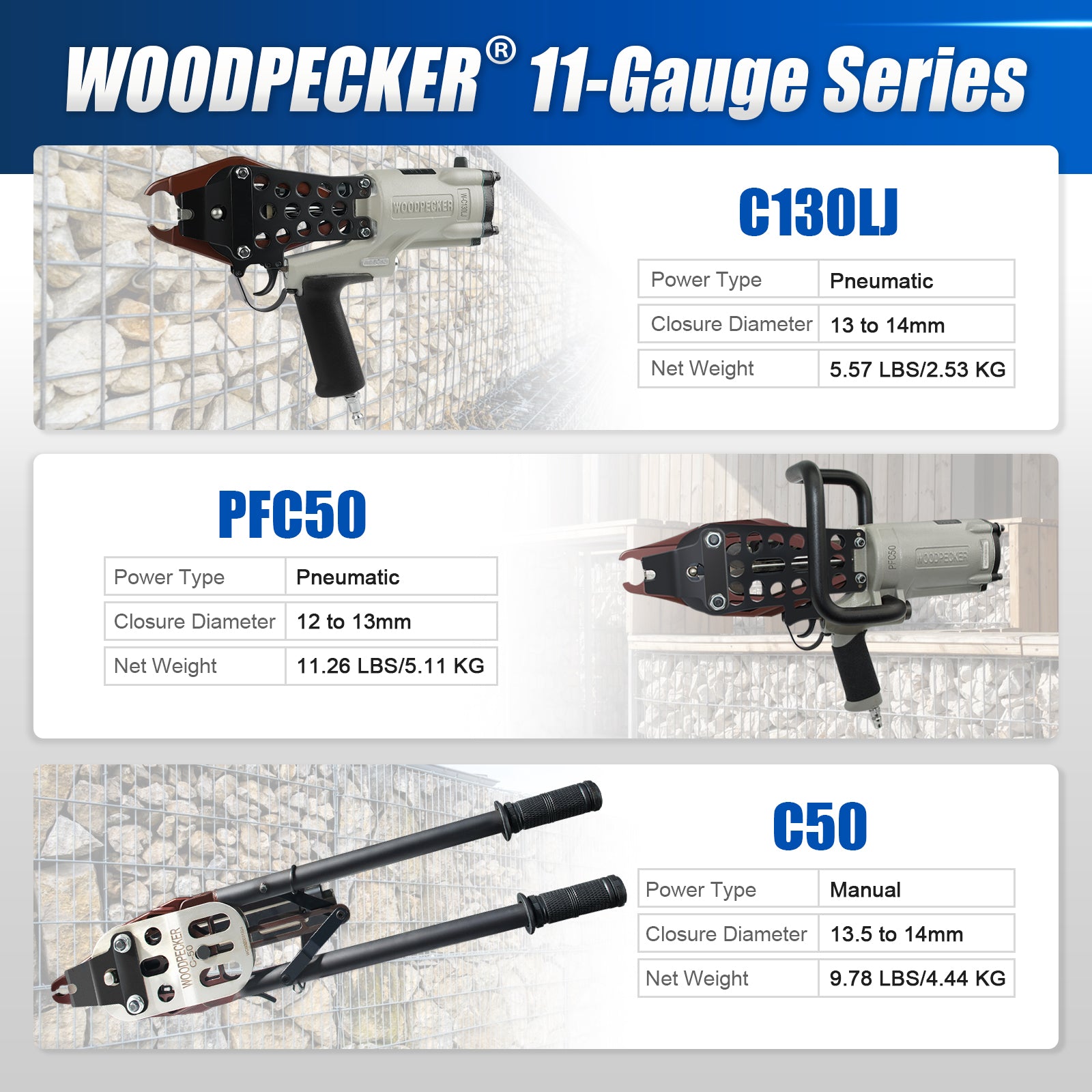 WOODPECKER C130L Heavy Duty Pneumatic Gabion Hog Ring Gun, 11 Gauge, 1-1/2-Inch Crown, 13.0-14.0mm Closing Diameter
