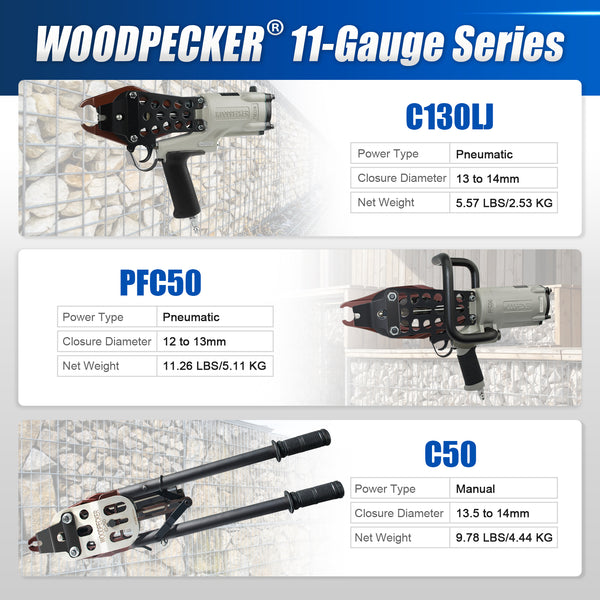 WOODPECKER C130L Heavy Duty Pneumatic Gabion Hog Ring Gun, 11 Gauge, 1-1/2-Inch Crown, 13.0-14.0mm Closing Diameter