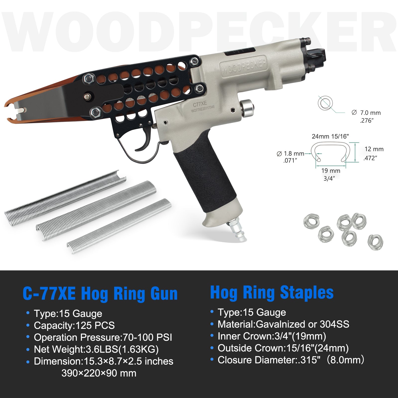 WOODPECKER C-77XE Pneumatic Hog Ring Gun, 15 Gauge, 3/4-Inch Crown, 7.0 mm Closing Diameter