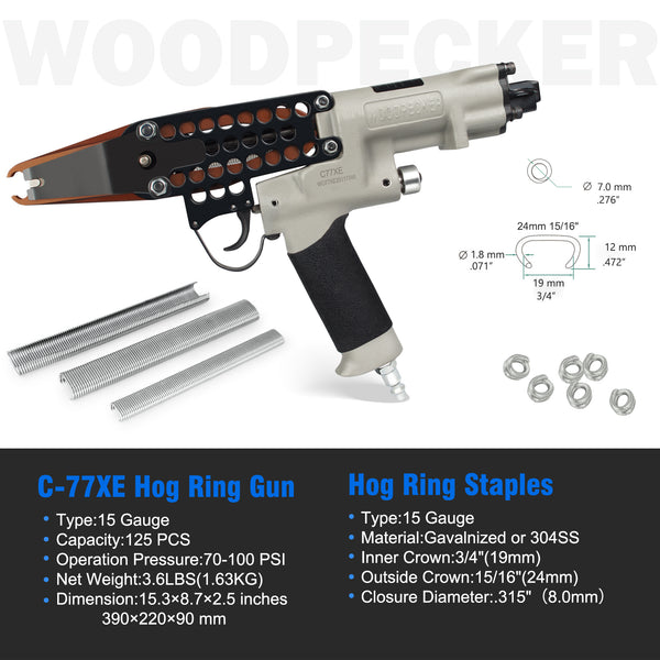 WOODPECKER C-77XE Pneumatic Hog Ring Gun, 15 Gauge, 3/4-Inch Crown, 7.0 mm Closing Diameter