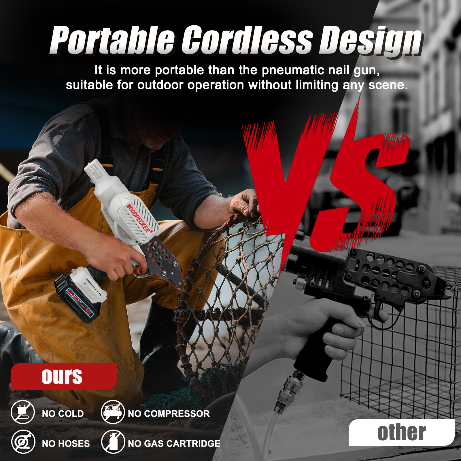 WOODPECKER eC7ET 15GA Cordless 20V 4.0Ah Electric Hog Ring Gun, 3/4-Inch Crown, 7.0-8.0mm Closure Diameter, Battery Powered C Ring Plier Tool for Fencing, Wire Cages