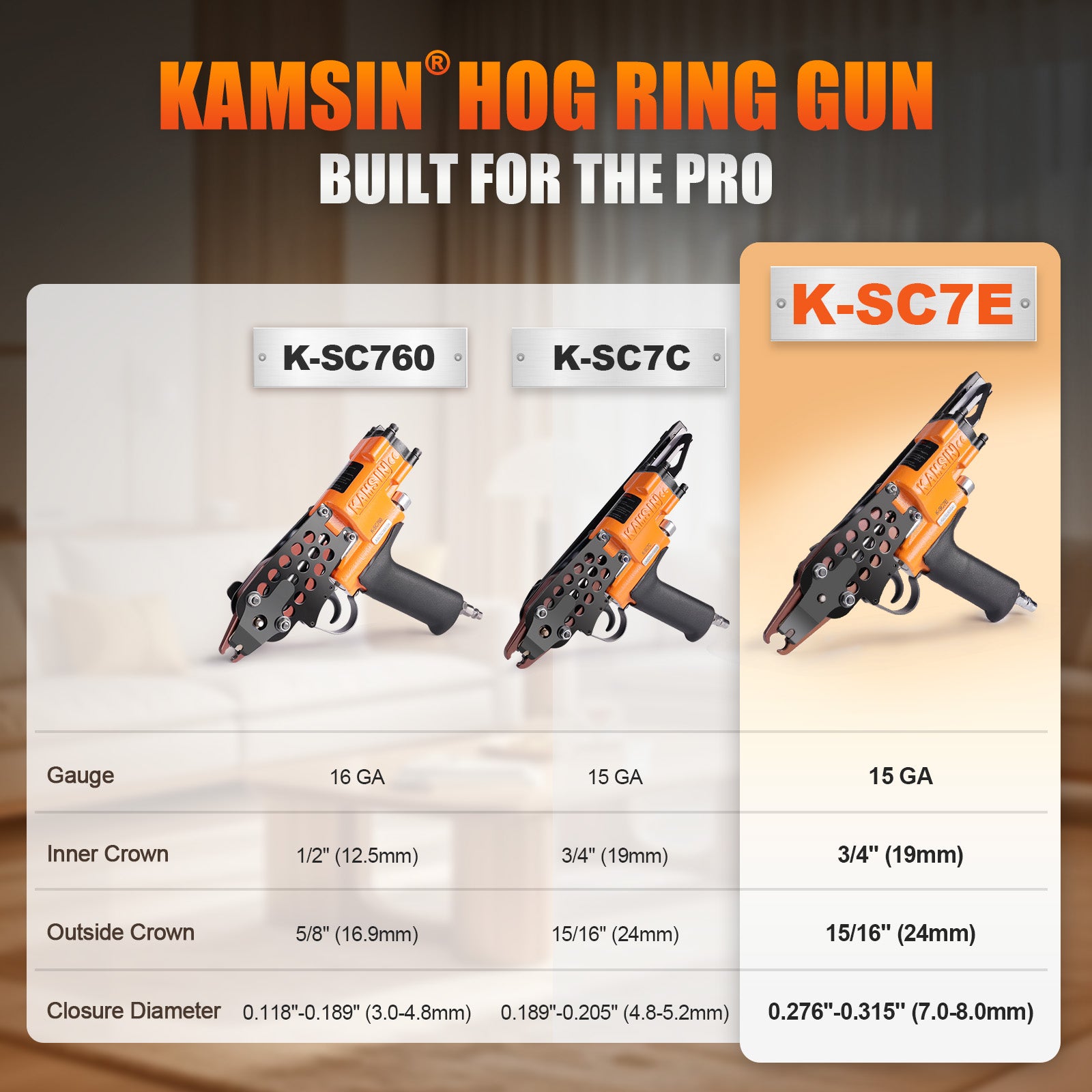 KAMSIN K-SC7E Pneumatic Long Nose Hog Ring Gun, 15 Gauge, 3/4-Inch Crown, 7.0-8.0mm Closing Diameter