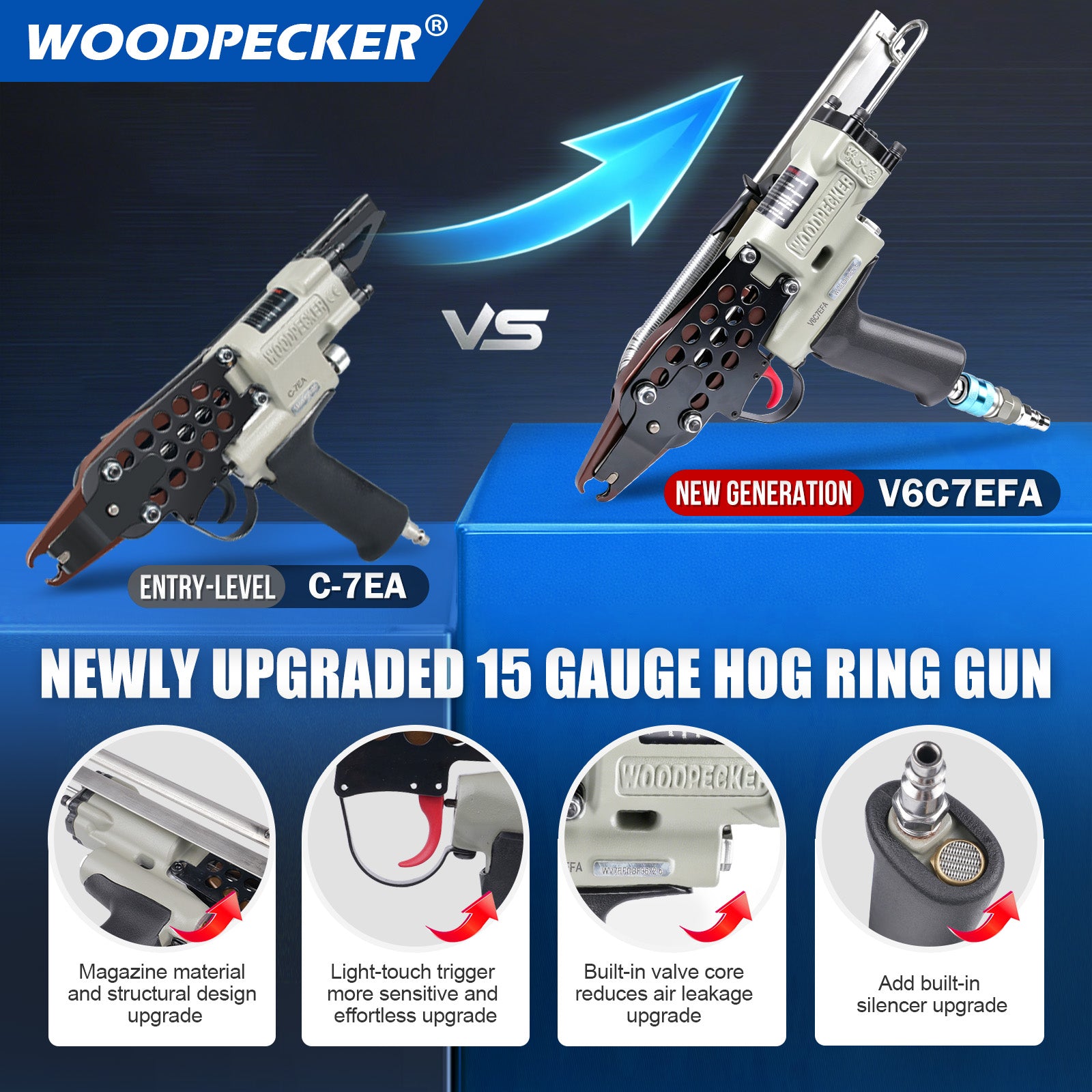 WOODPECKER V6C7EFA 15 Gauge 3/4-Inch Pneumatic Hog Ring Gun 7.5-8.3mm Closure Diameter with Stainless Steel Magazine
